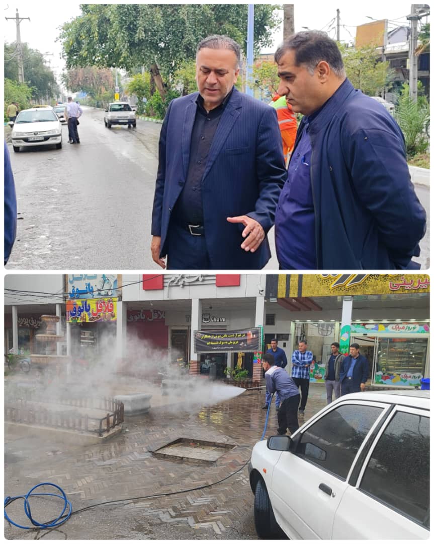 بازدید میدانی مهندس محمد قلاوندی شهردار اندیمشک بهمراه مهندس محسنی مقدم معاونت خدمات شهری شهرداری از  روند پاکسازی گروهی خیابان امام خمینی(ره)